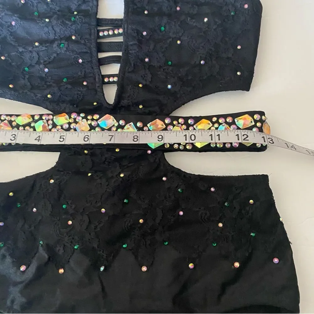Glamour solo custom dance costume black leotard illusion MA-Medium adult
